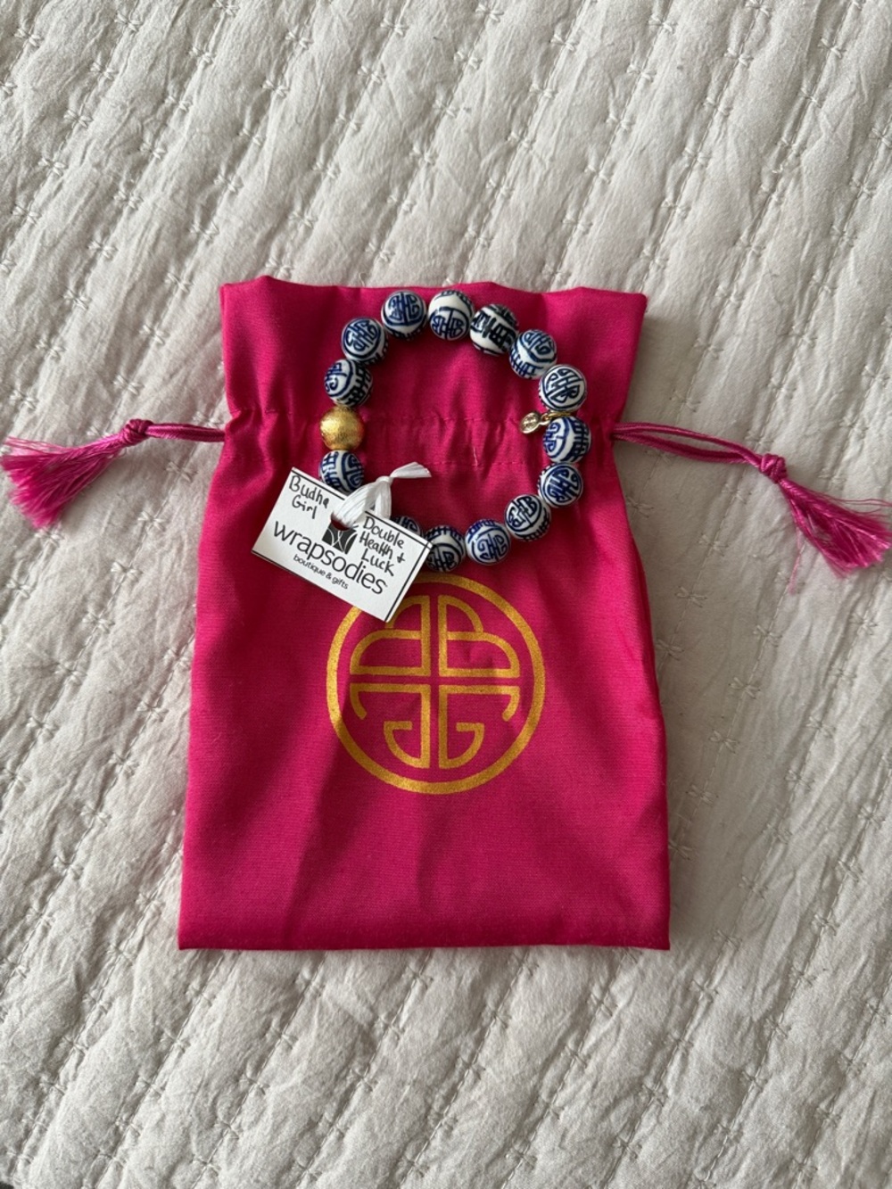 Buddha Blue & White Double Health & Luck Beaded Bracelet w/ Gold Accent NWT ❤️